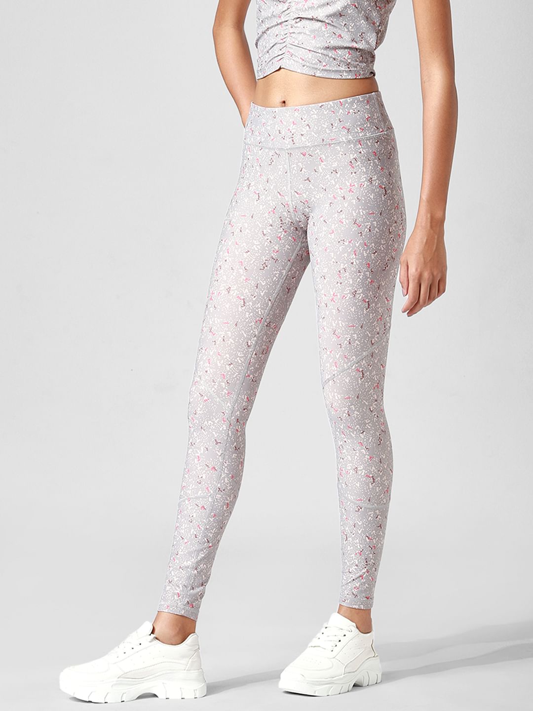 Grey High Rise Printed Co-Ord Training Tights