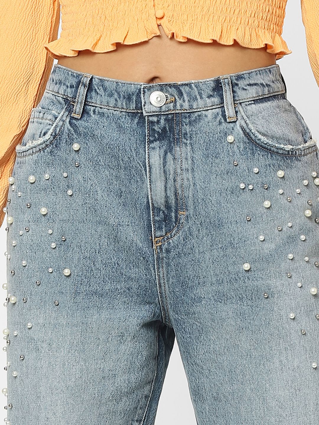 Blue High Rise Embellished Straight Jeans