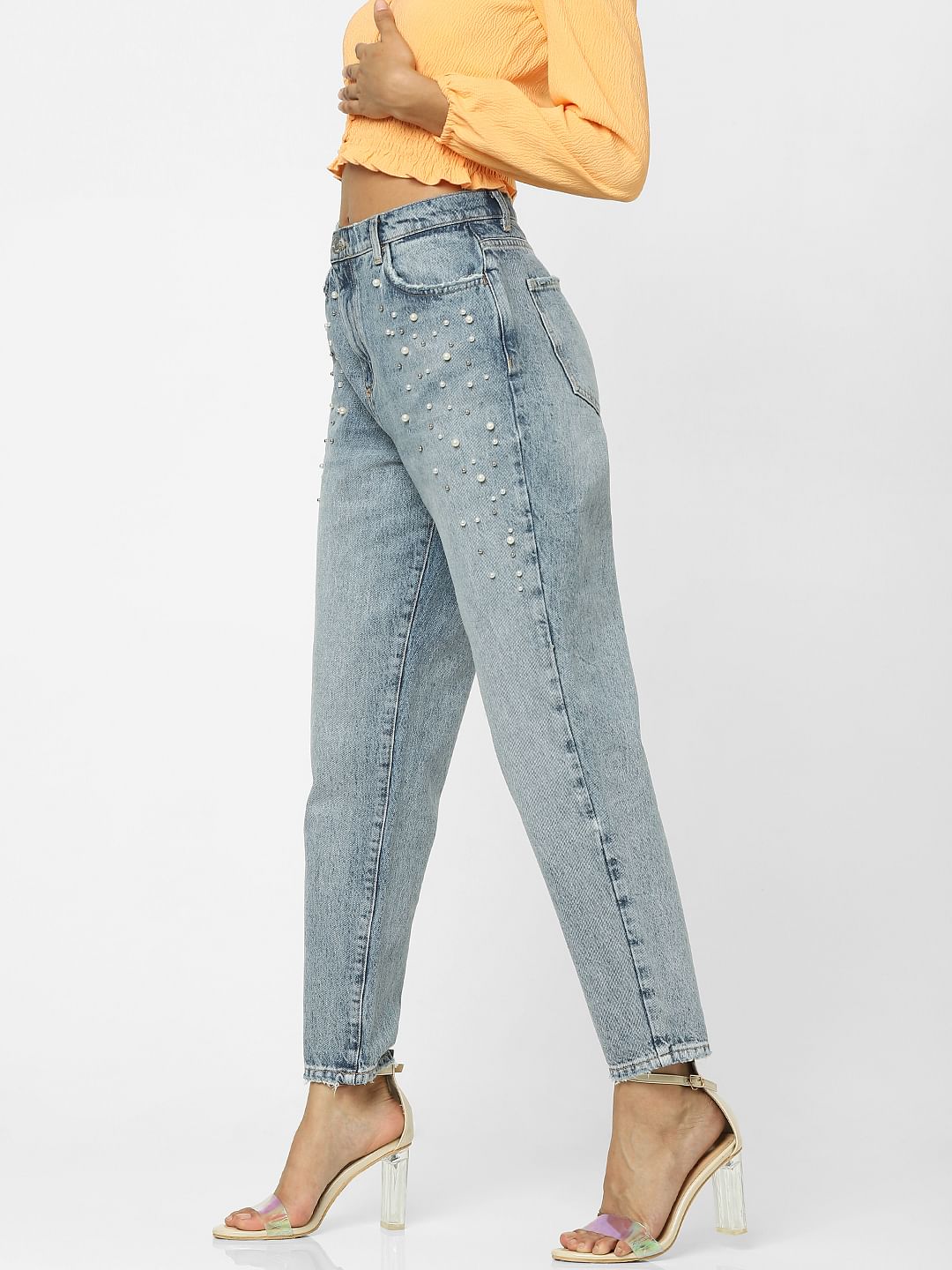 Blue High Rise Embellished Straight Jeans