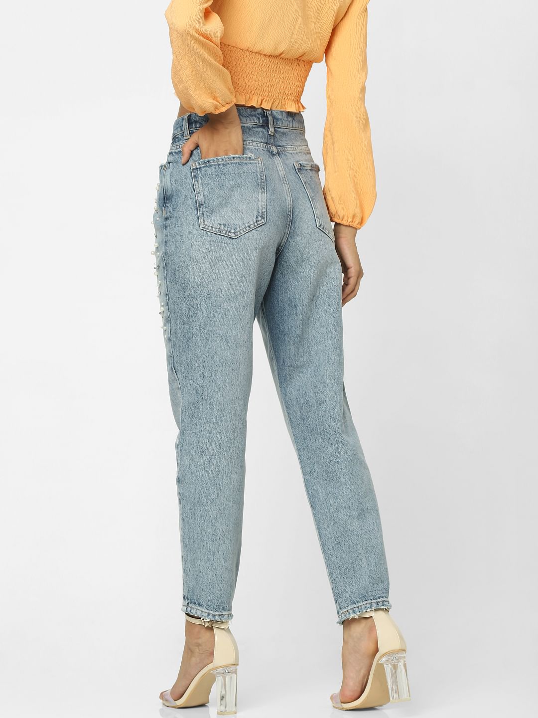 Blue High Rise Embellished Straight Jeans
