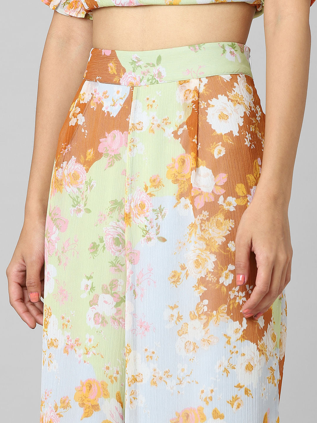 Green High Rise Floral Wide Leg Pants