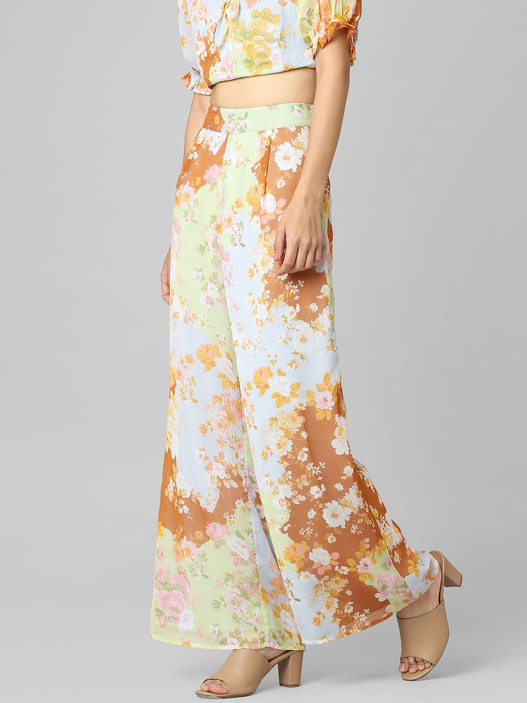 Green High Rise Floral Wide Leg Pants