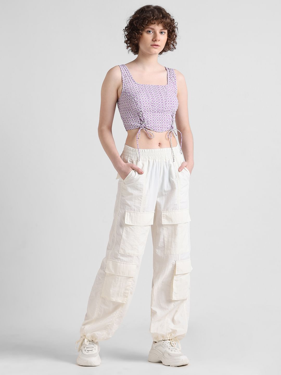 Purple Checked Corset Crop Top