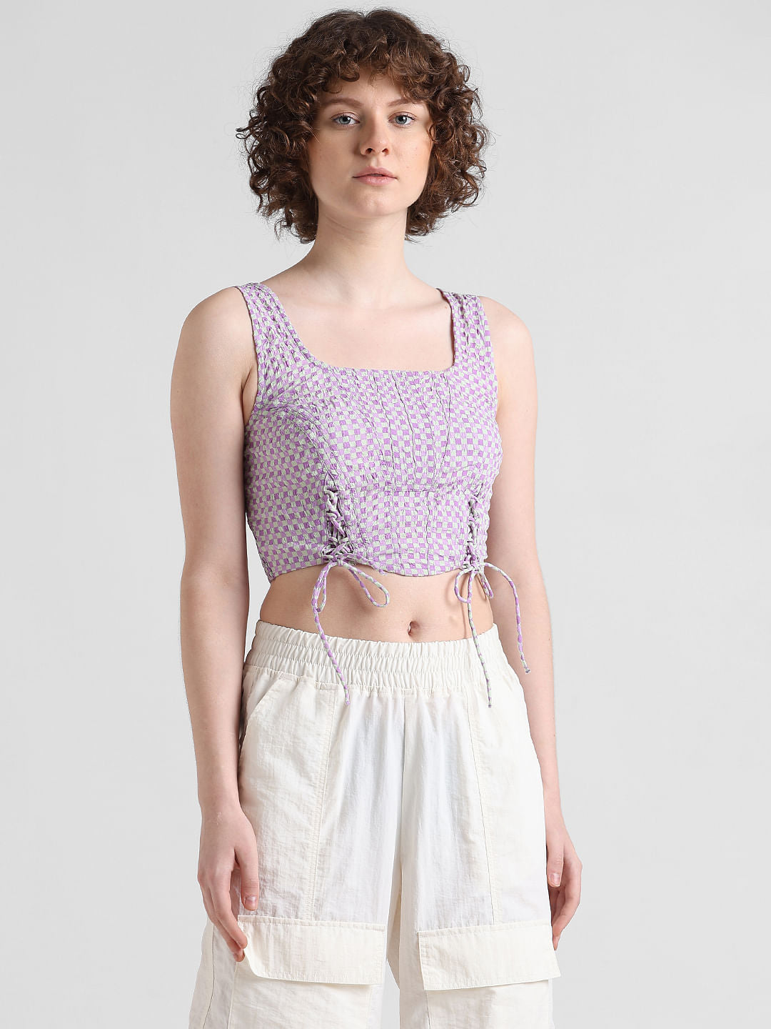 Purple Checked Corset Crop Top
