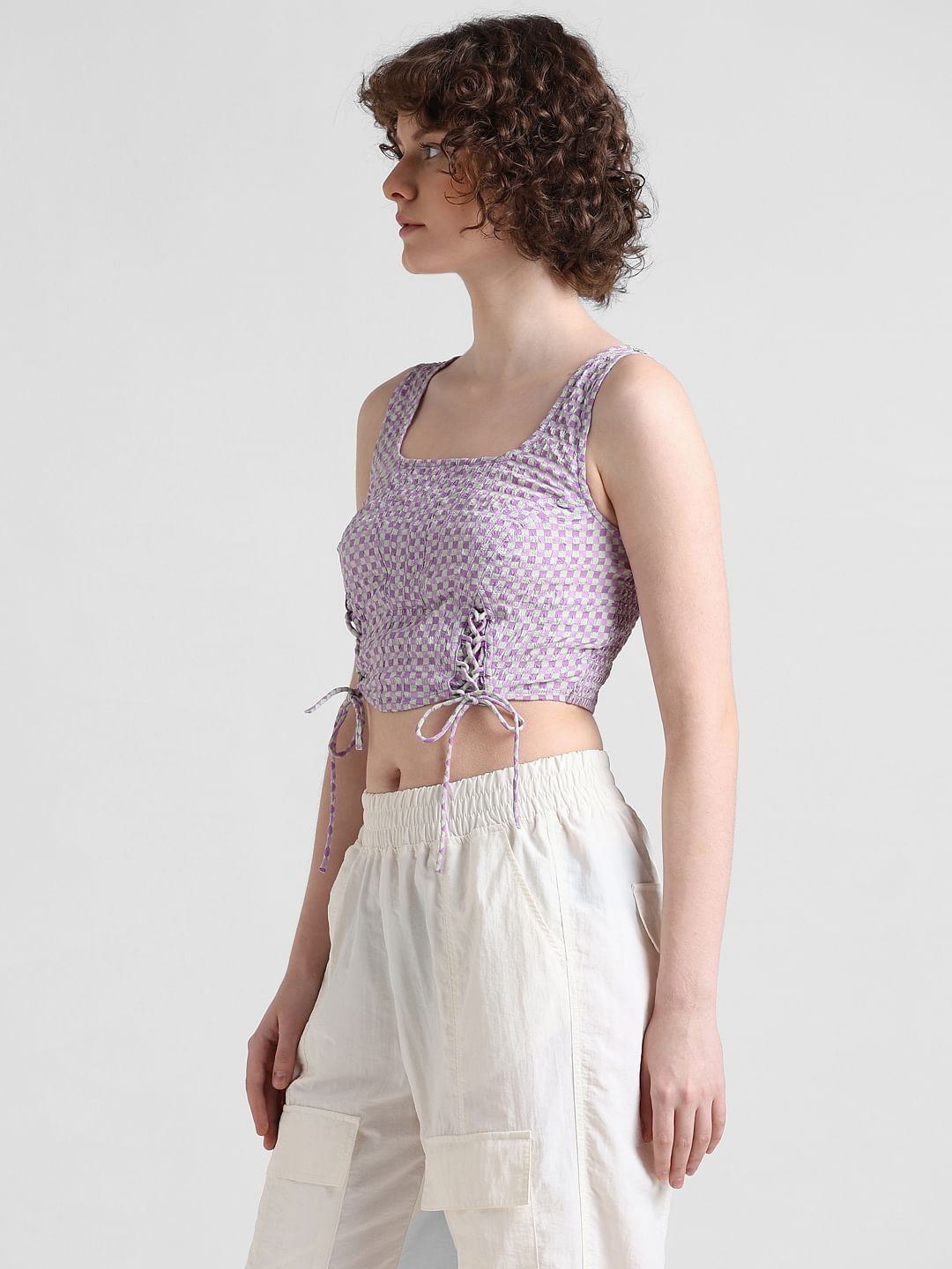 Purple Checked Corset Crop Top