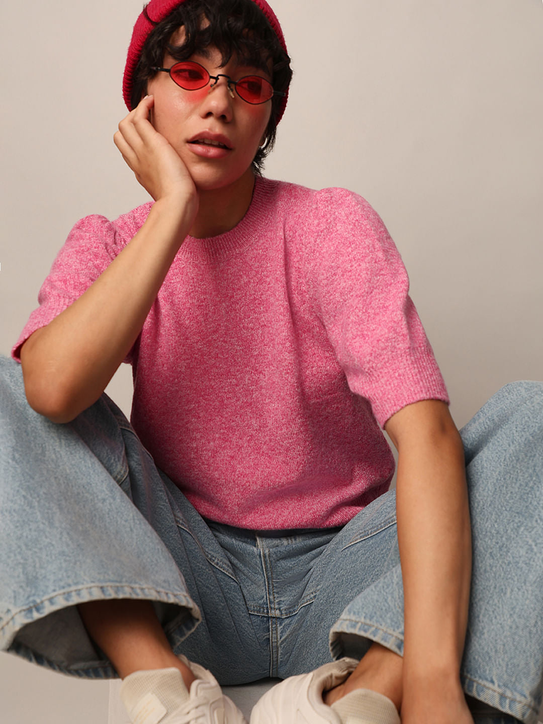 Pink Puff Sleeved Knit Top