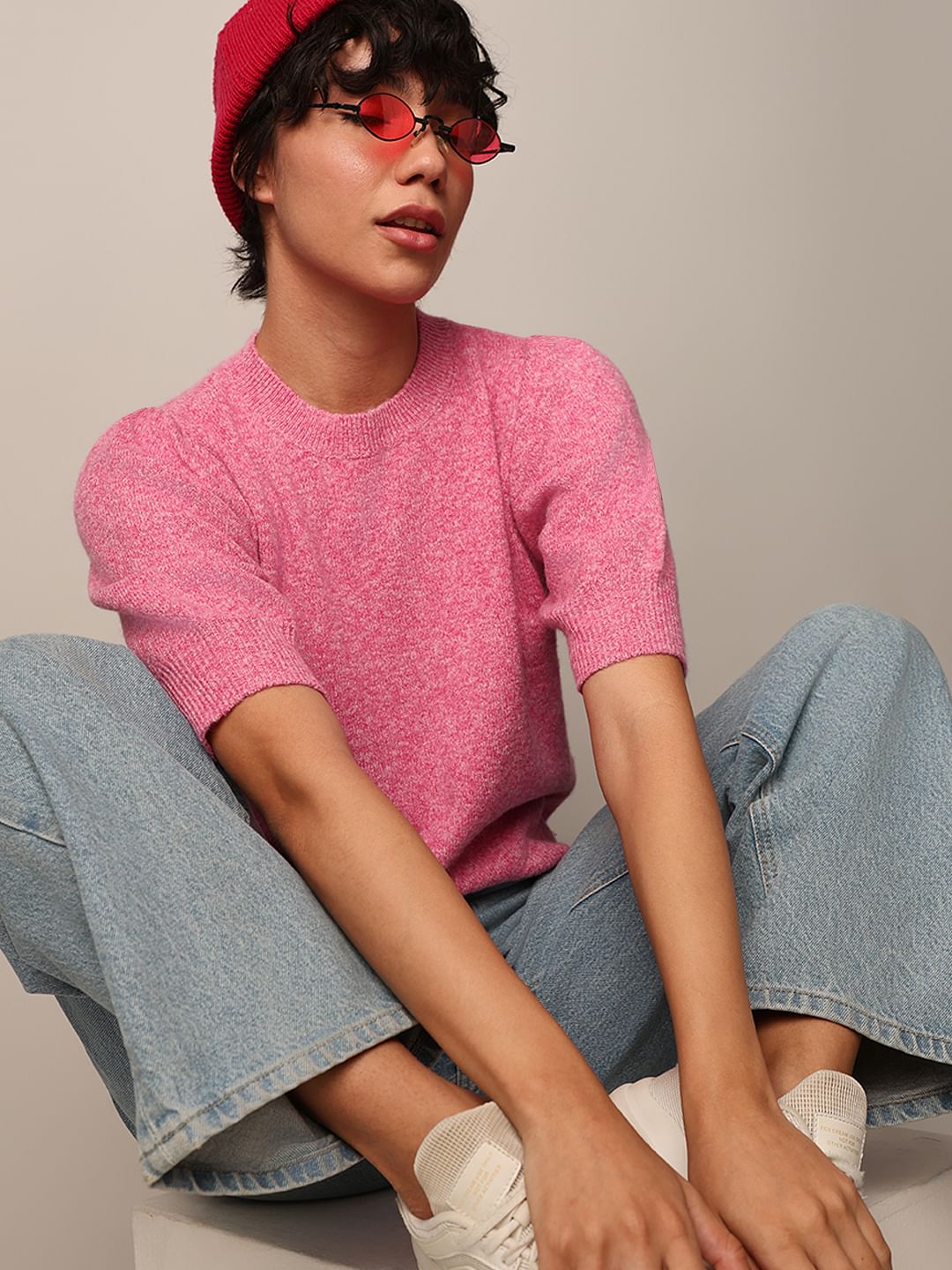 Pink Puff Sleeved Knit Top