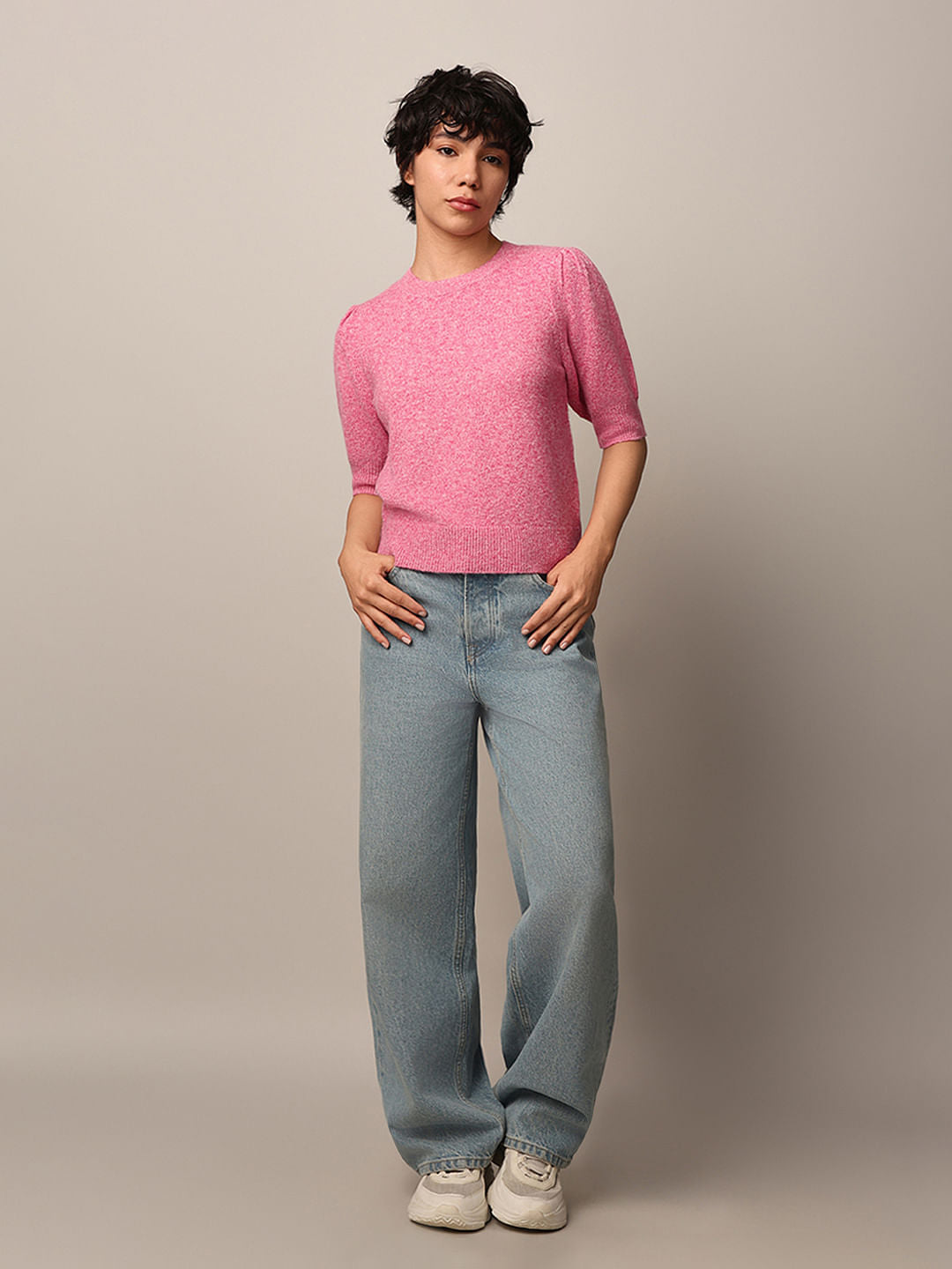 Pink Puff Sleeved Knit Top