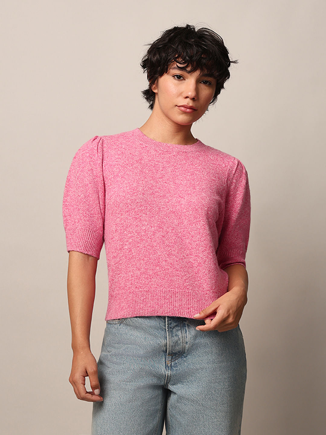 Pink Puff Sleeved Knit Top