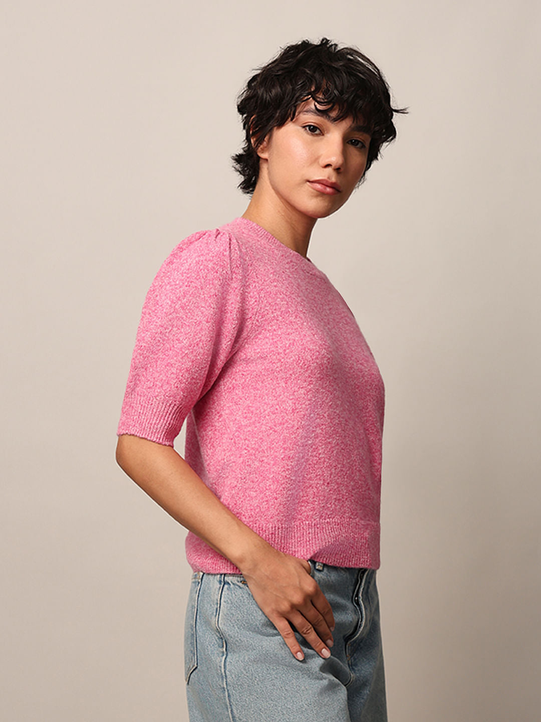 Pink Puff Sleeved Knit Top