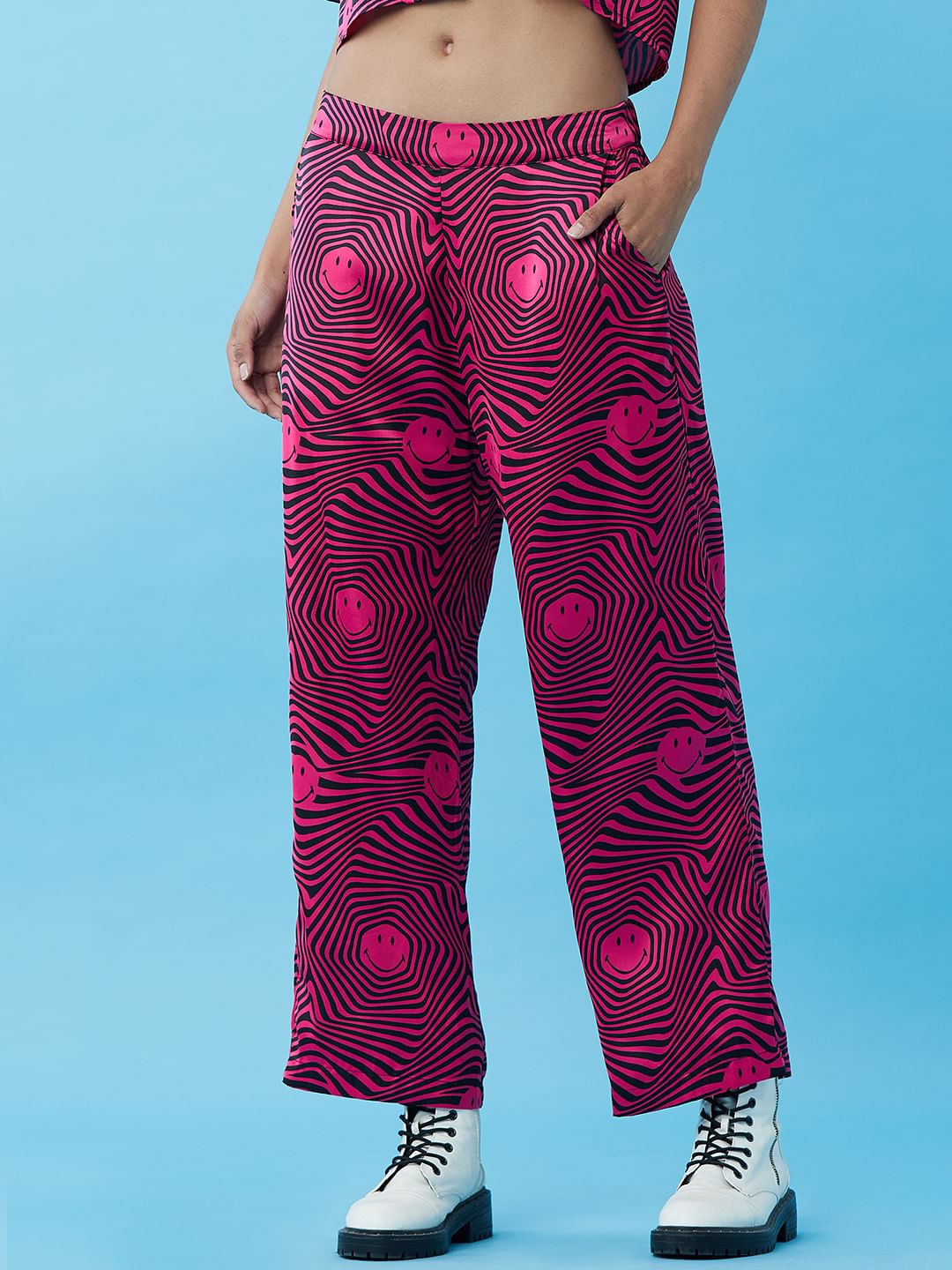 Only X Smiley Black Mid Rise Printed Satin Pants