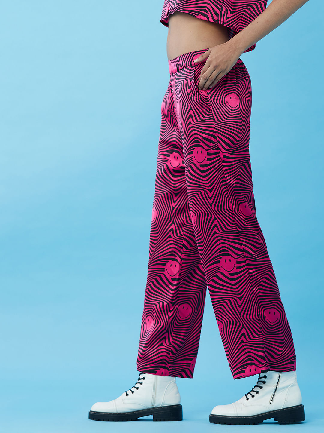 Only X Smiley Black Mid Rise Printed Satin Pants