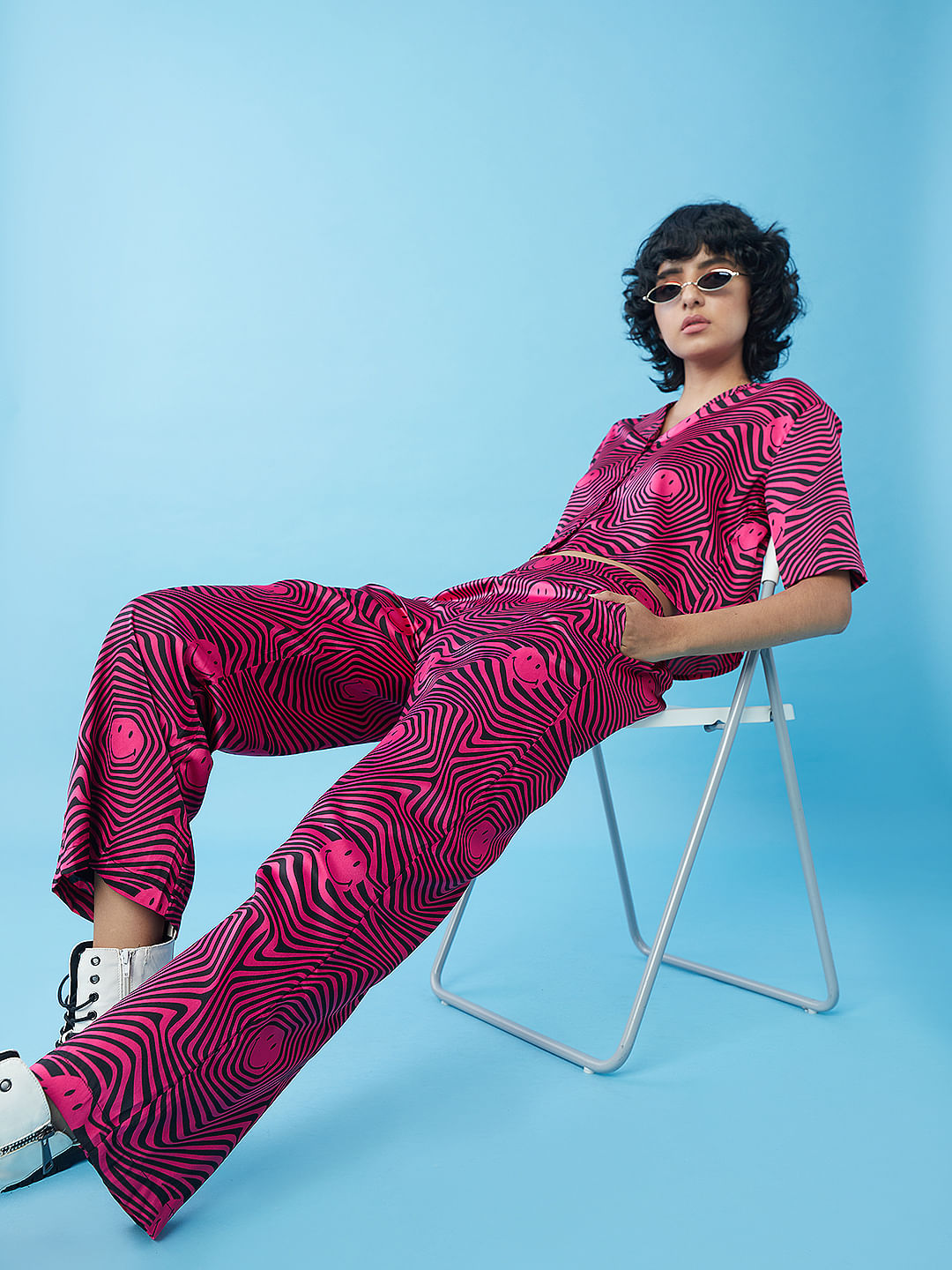 Only X Smiley Black Mid Rise Printed Satin Pants