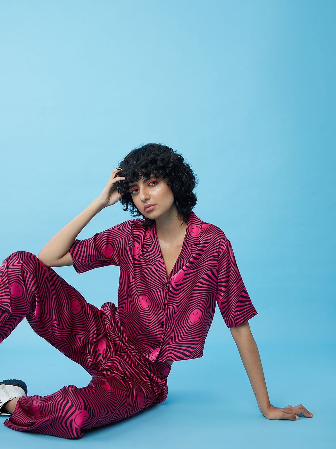 Only X Smiley Black Printed Satin Shirt