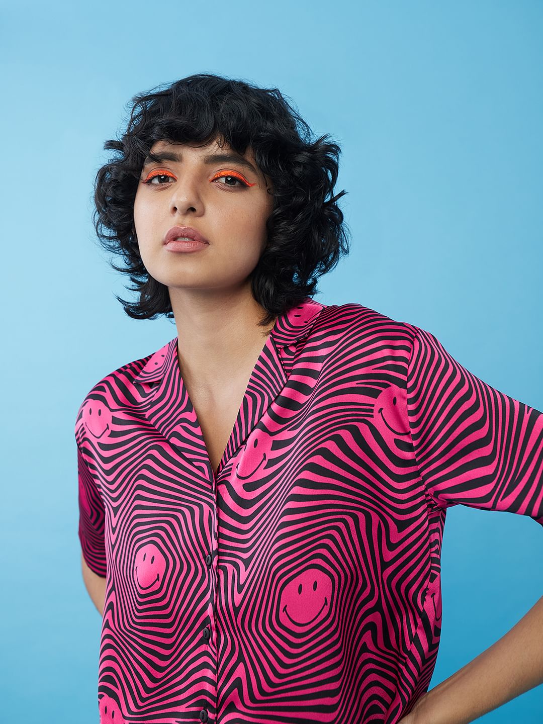 Only X Smiley Black Printed Satin Shirt