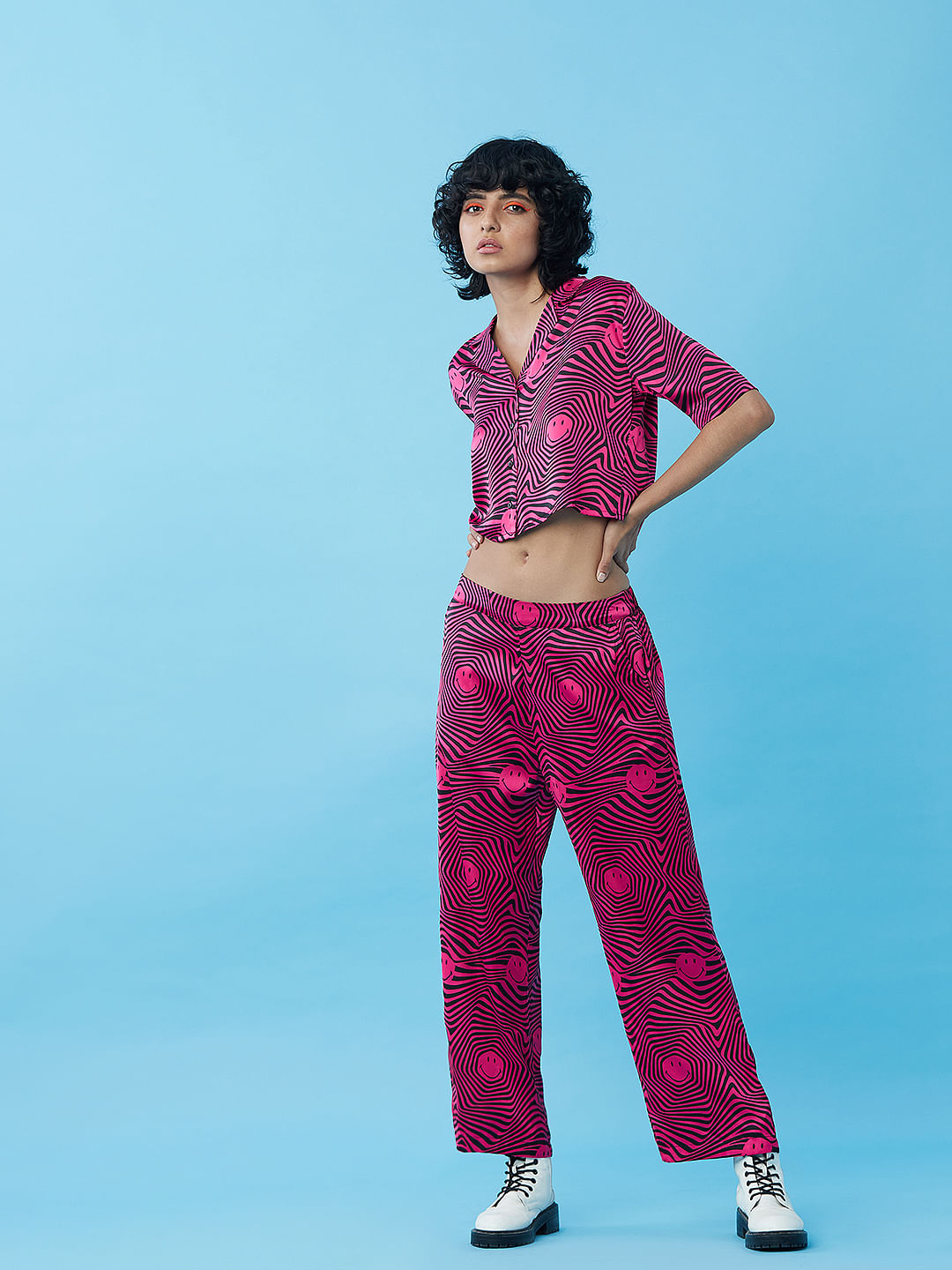 Only X Smiley Black Printed Satin Shirt