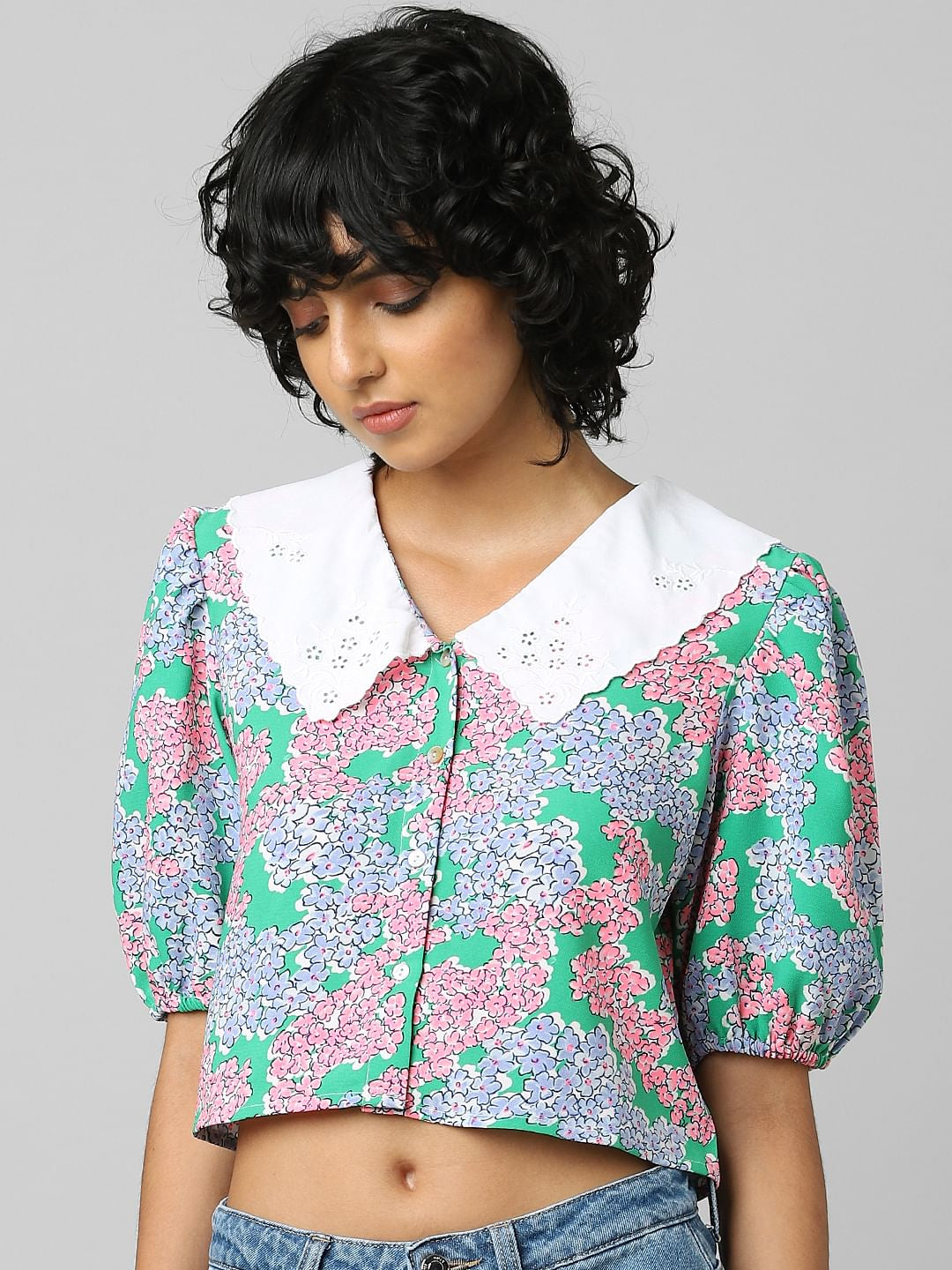 Green Floral Cropped Shirt