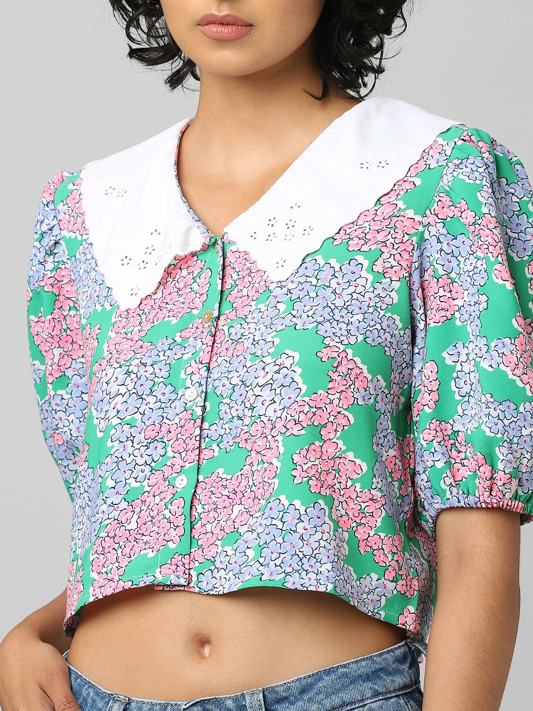 Green Floral Cropped Shirt