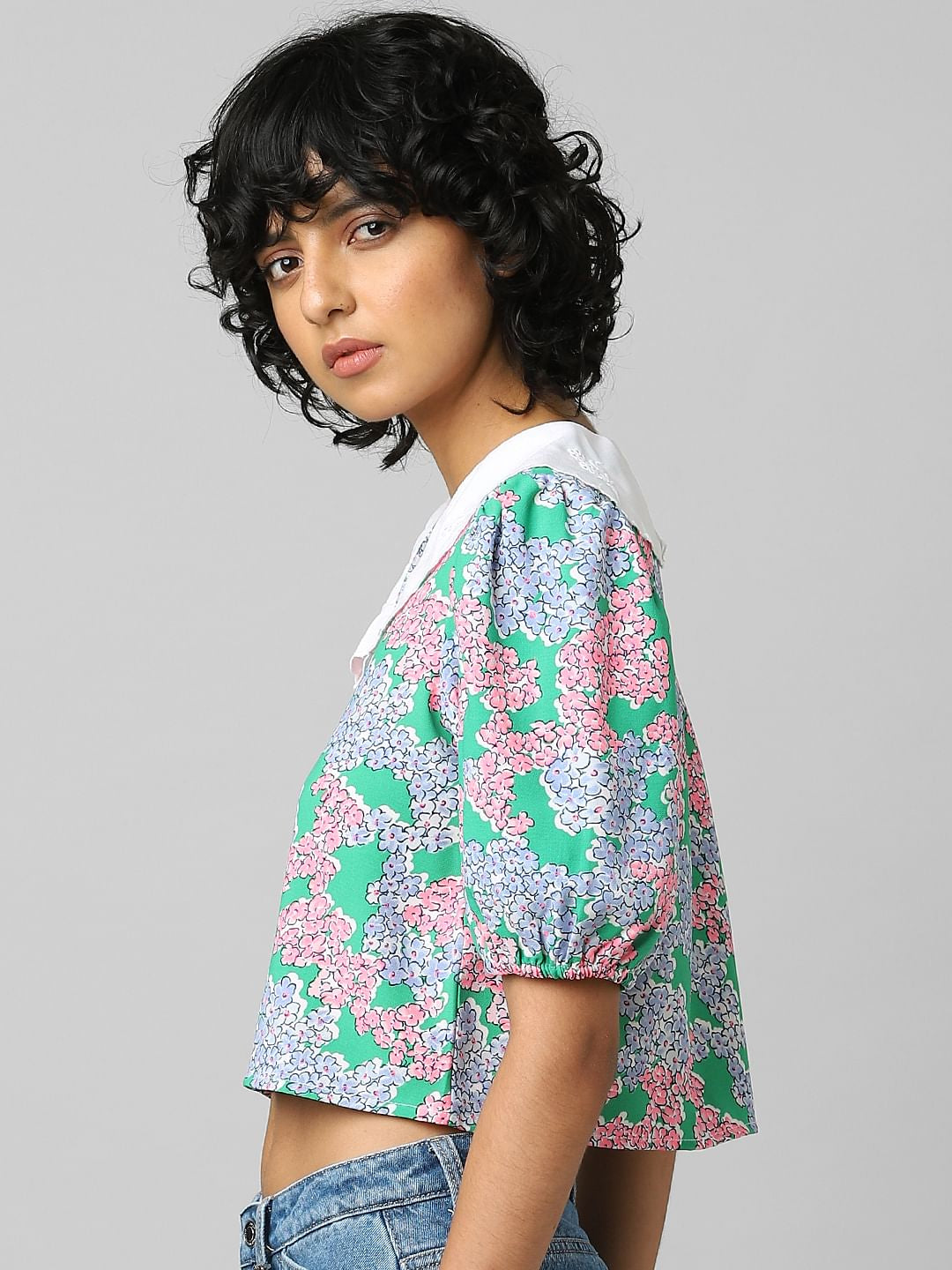 Green Floral Cropped Shirt