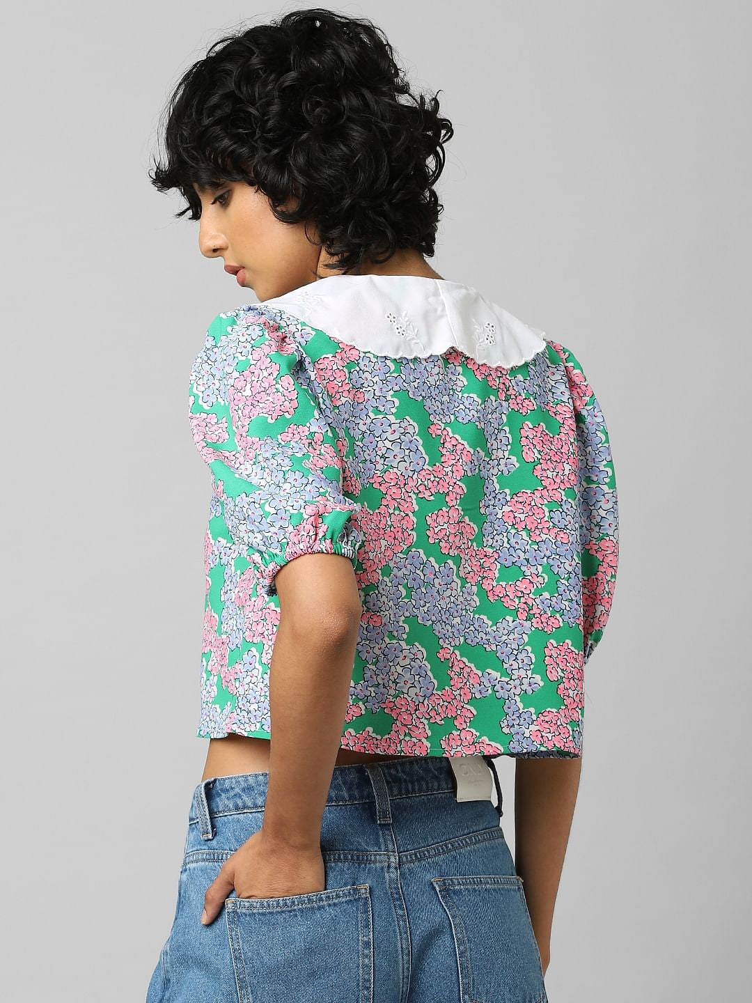 Green Floral Cropped Shirt
