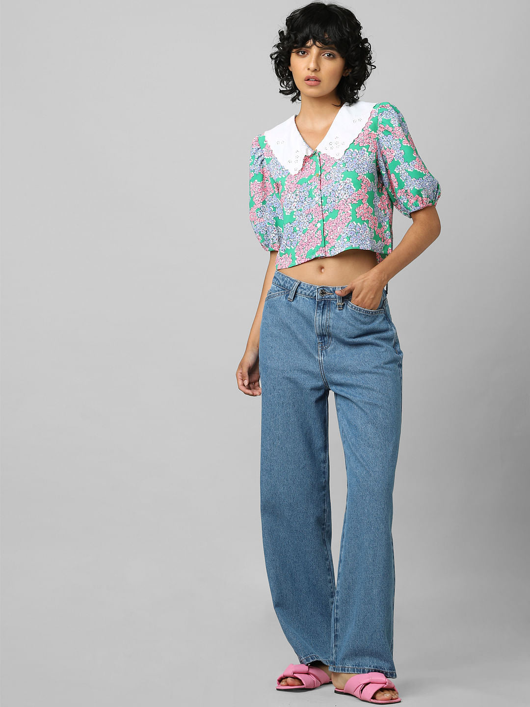 Green Floral Cropped Shirt