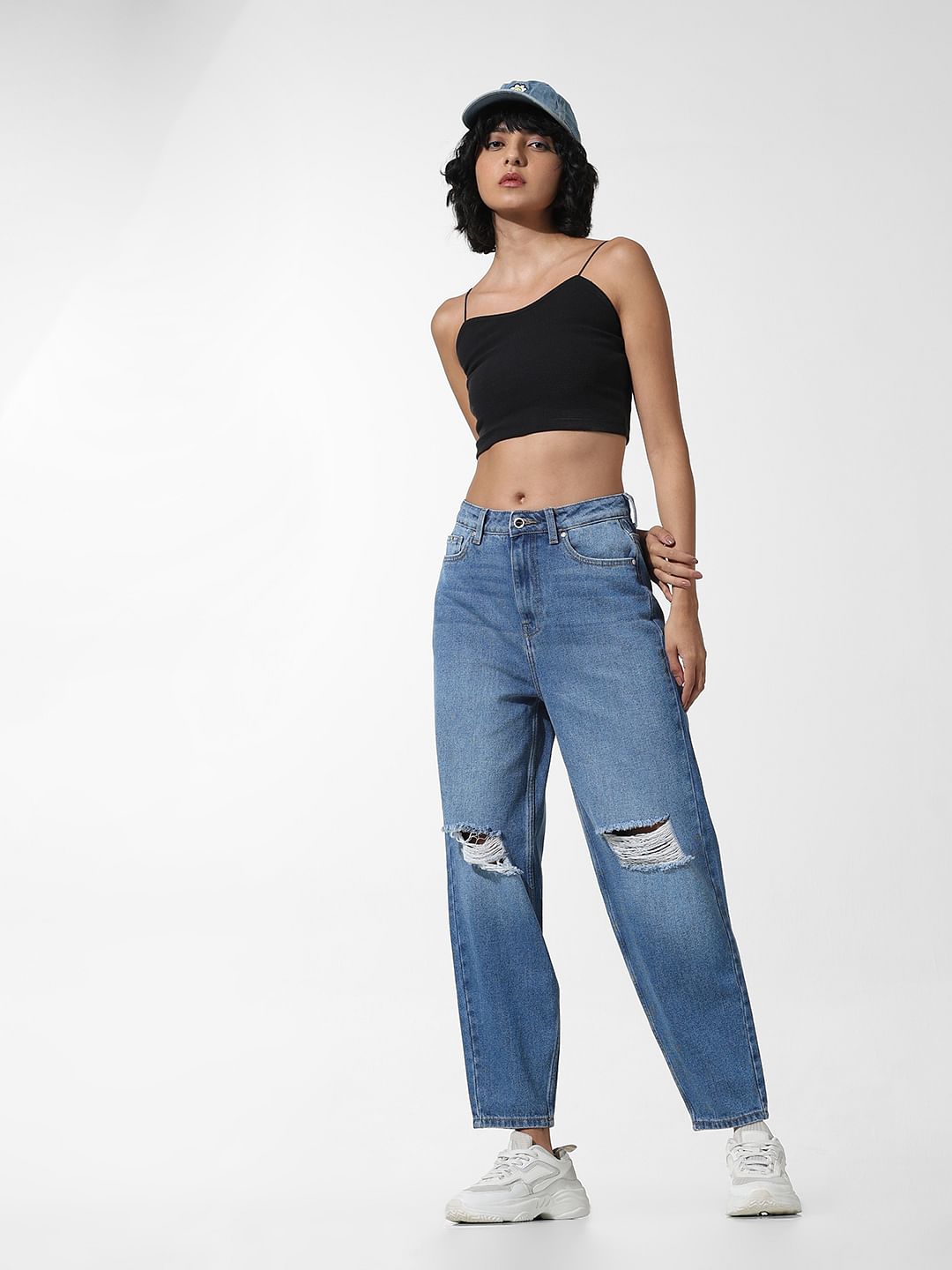 Blue High Rise Distressed Mom Jeans