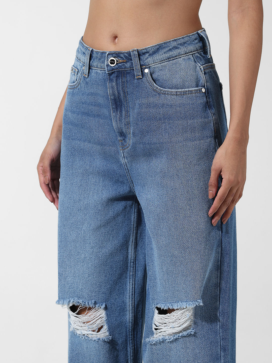 Blue High Rise Distressed Mom Jeans