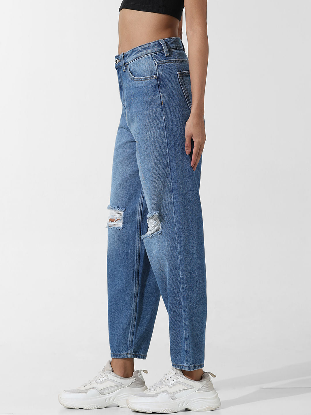 Blue High Rise Distressed Mom Jeans