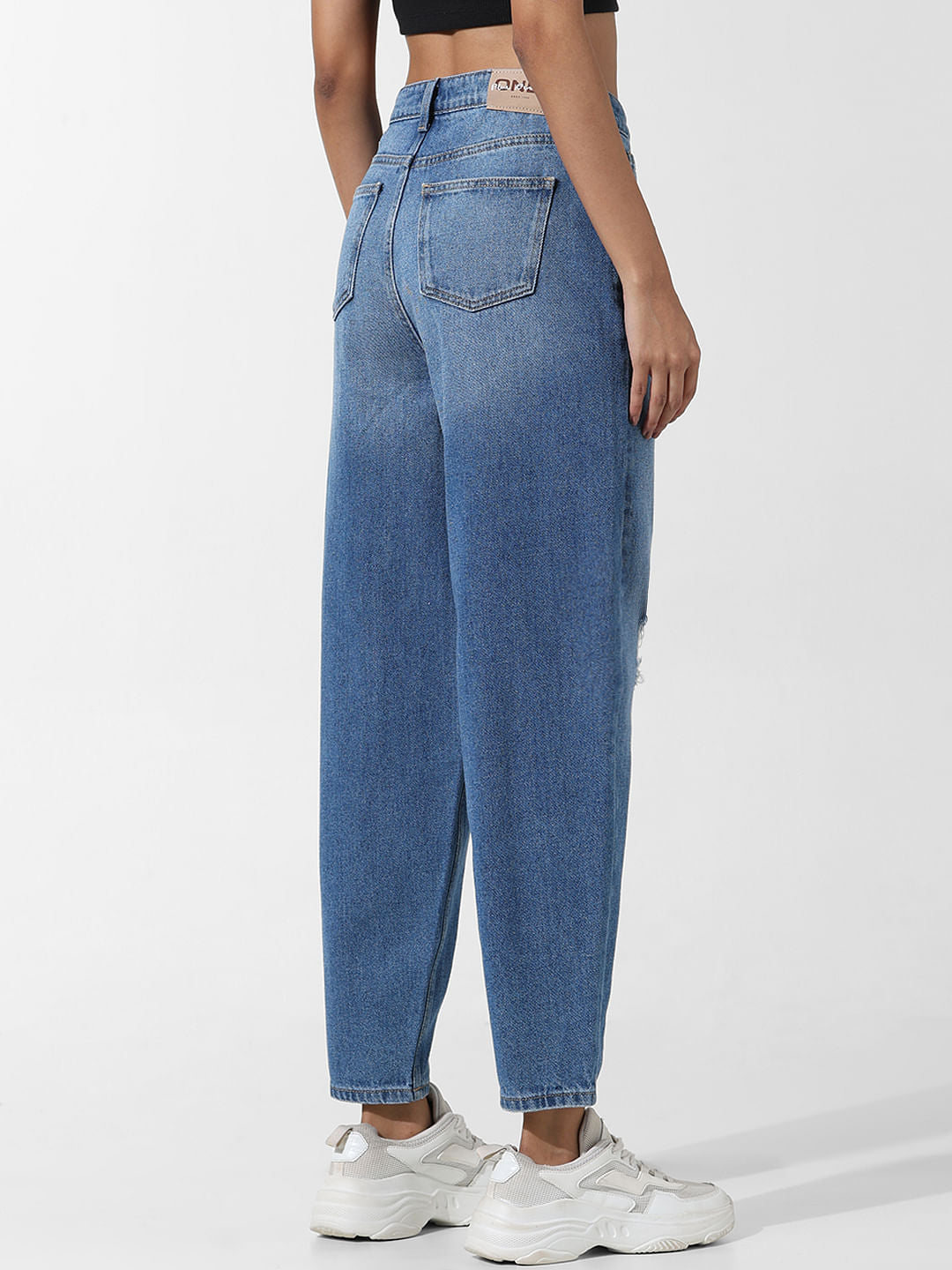 Blue High Rise Distressed Mom Jeans