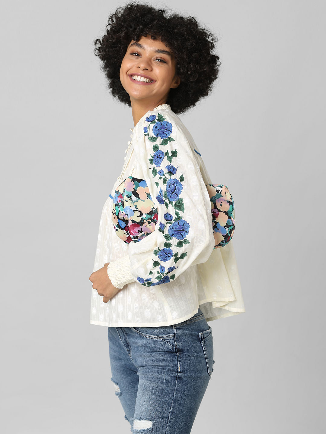 Beige Polka Dot Embroidered Top