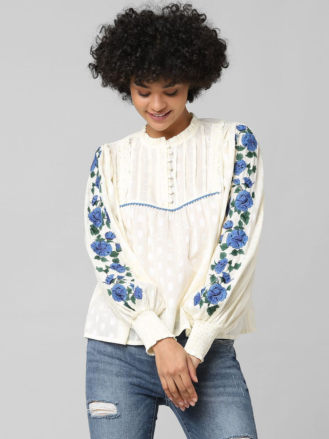 Beige Polka Dot Embroidered Top