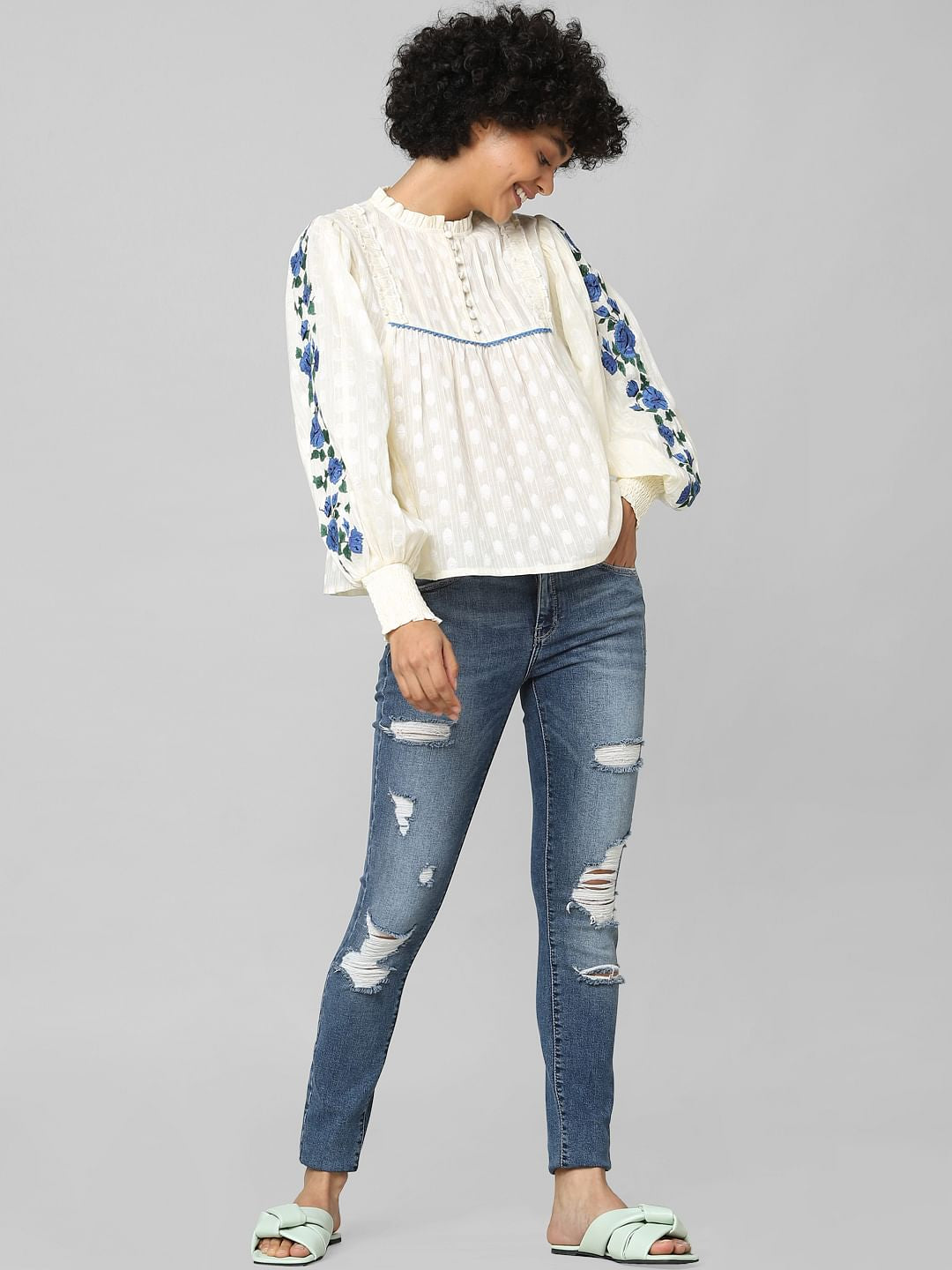 Beige Polka Dot Embroidered Top