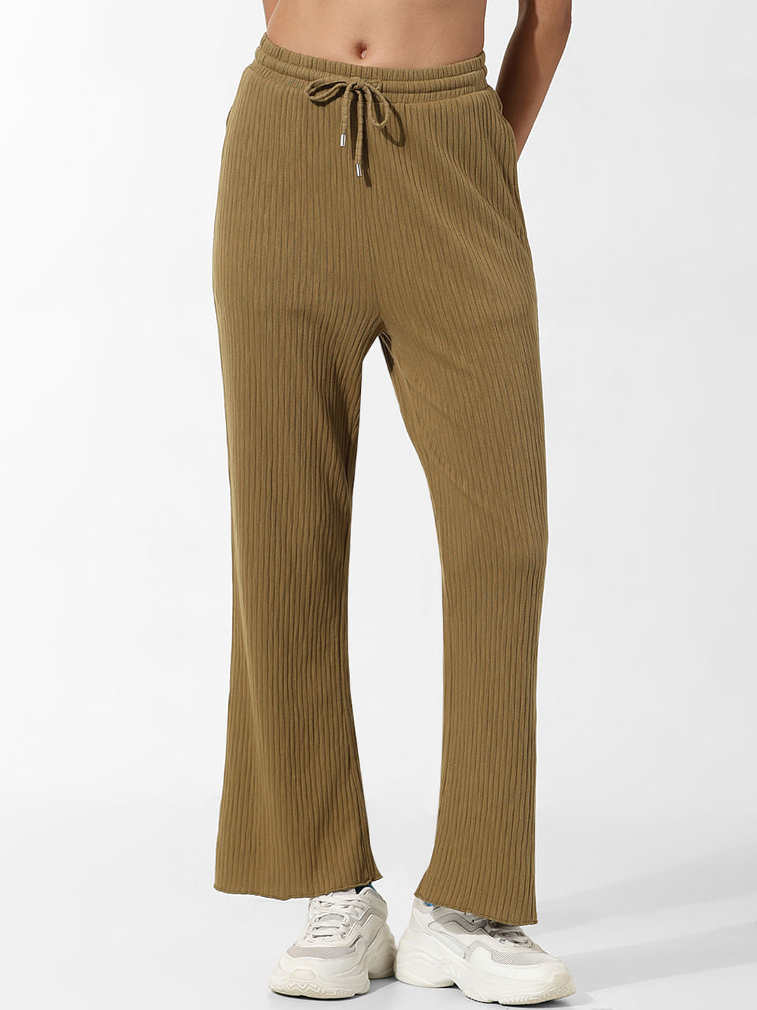 Green Ribbed Cotton Wide Leg Pants