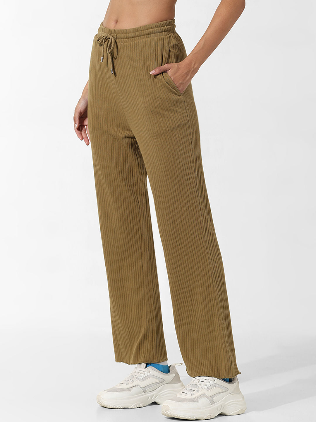 Green Ribbed Cotton Wide Leg Pants