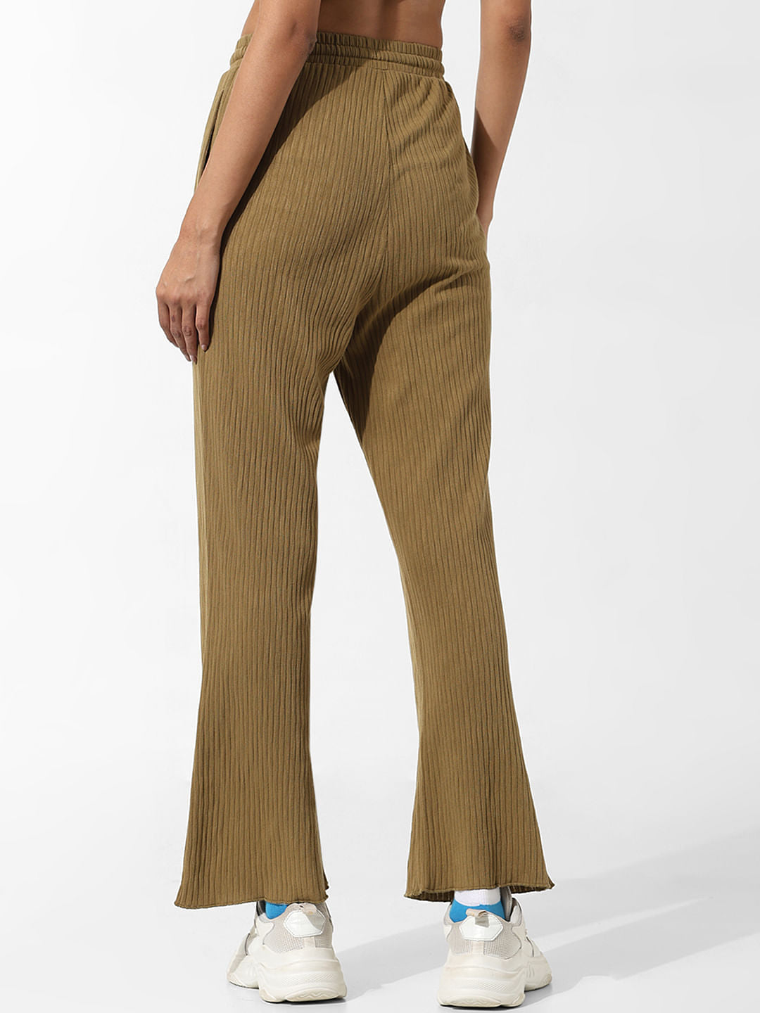 Green Ribbed Cotton Wide Leg Pants