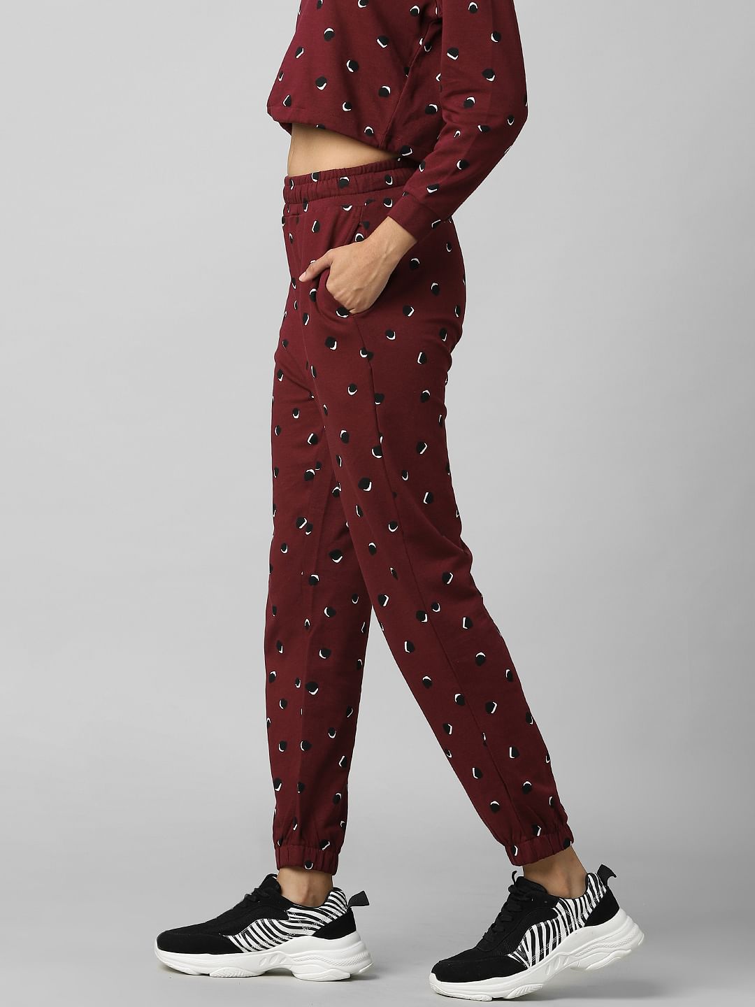 Maroon Mid Rise Printed Co-Ord Joggers