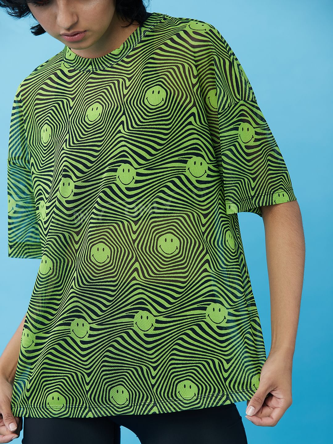 Only X Smiley Green Printed Mesh Top
