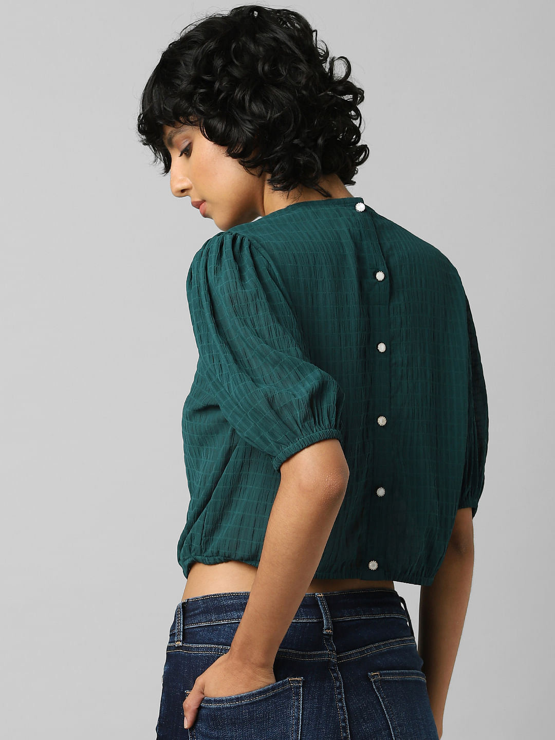 Green Textured Cropped Top