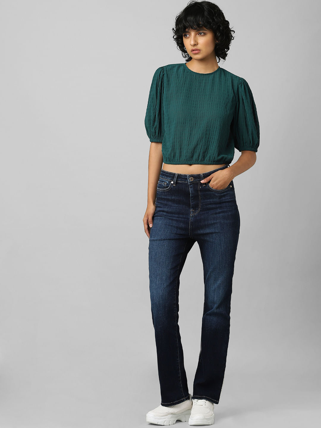 Green Textured Cropped Top
