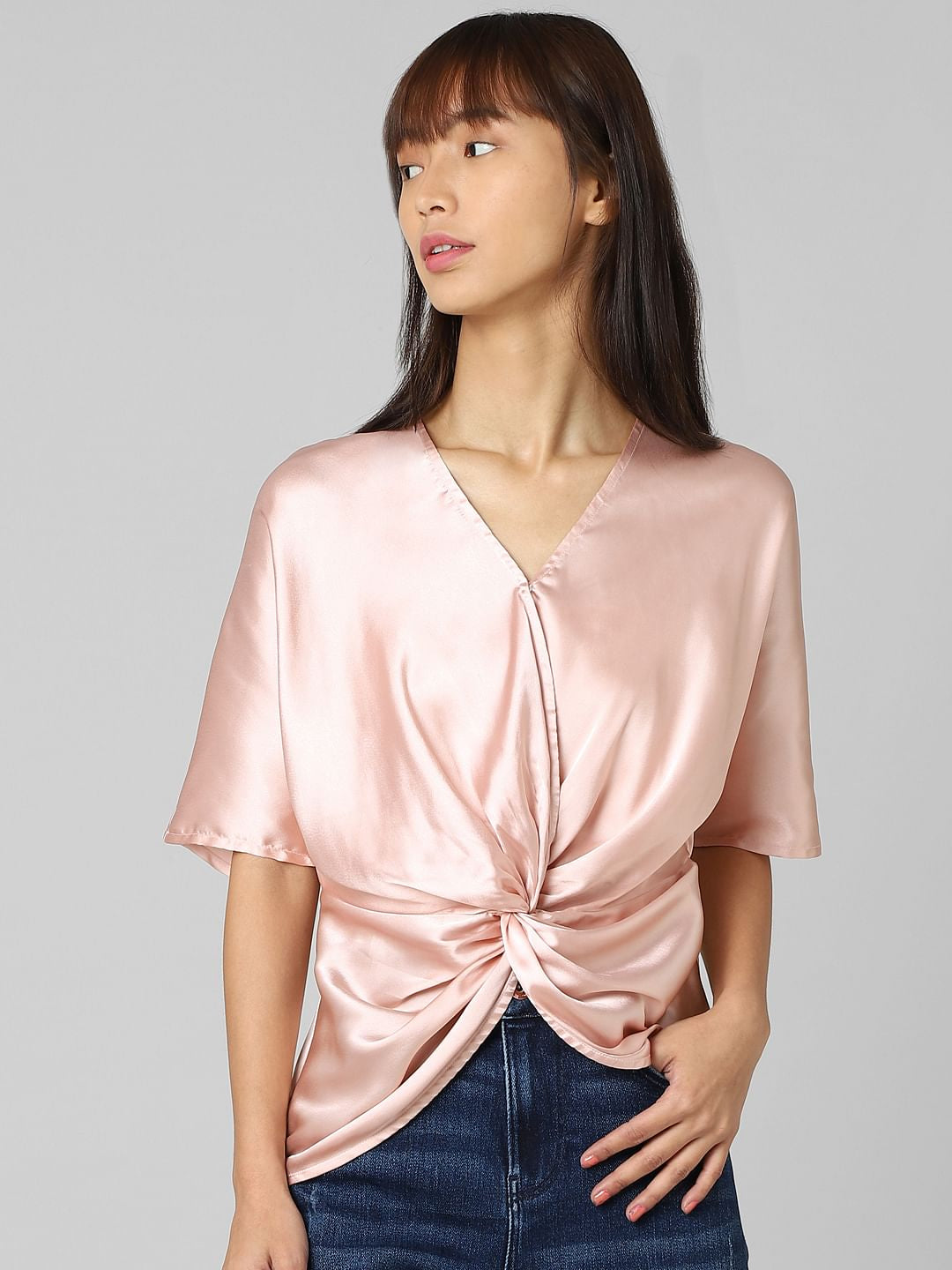 Pink Twisted-Knot Satin Top