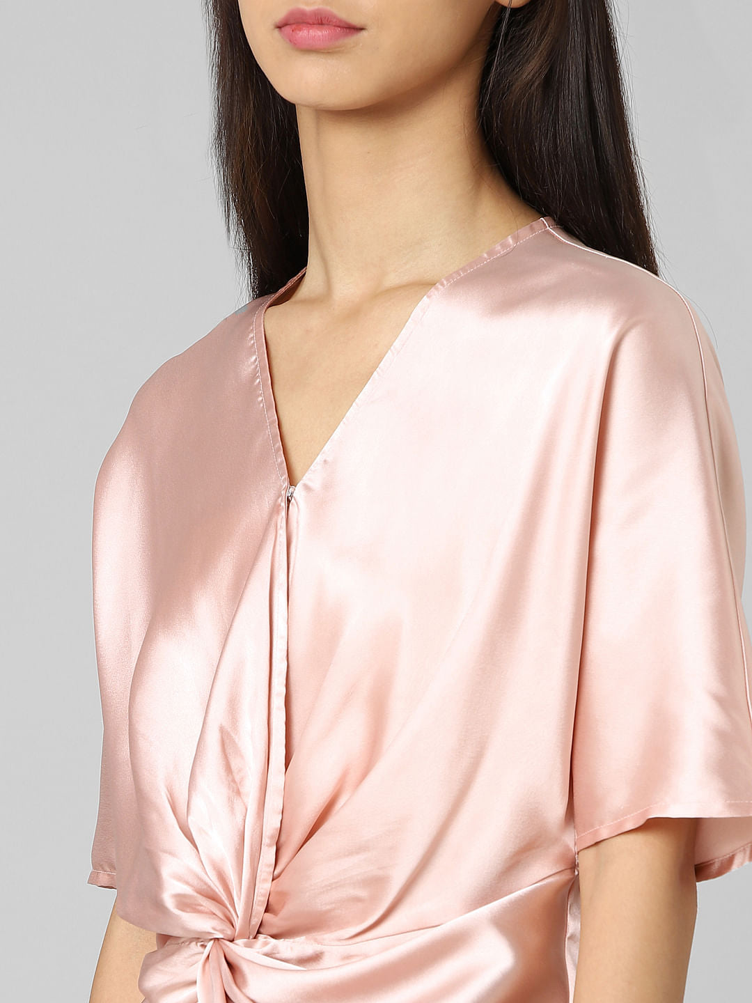 Pink Twisted-Knot Satin Top