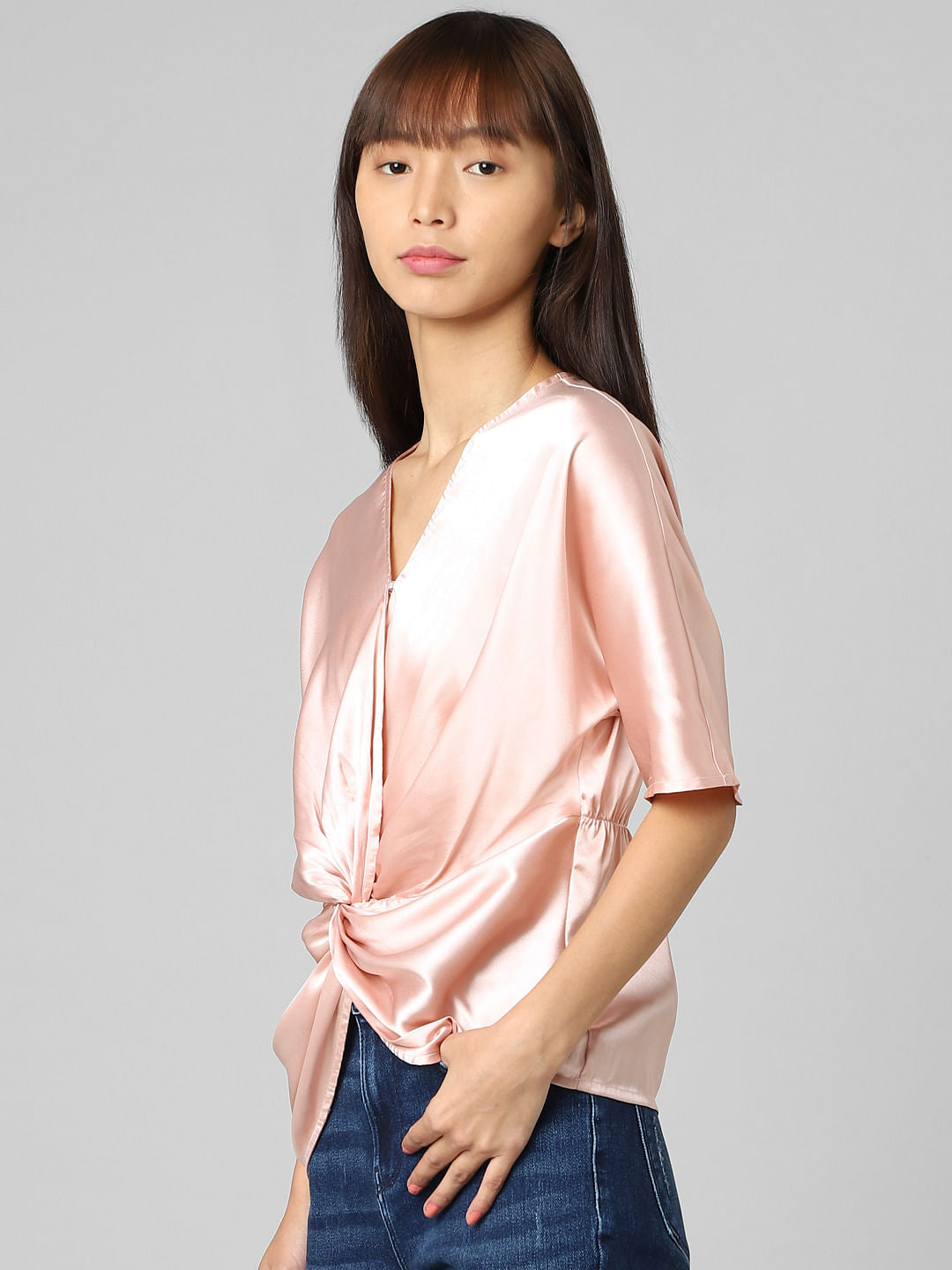 Pink Twisted-Knot Satin Top
