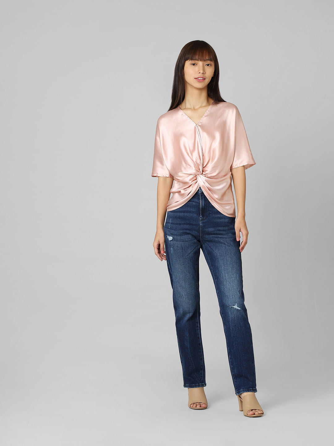 Pink Twisted-Knot Satin Top