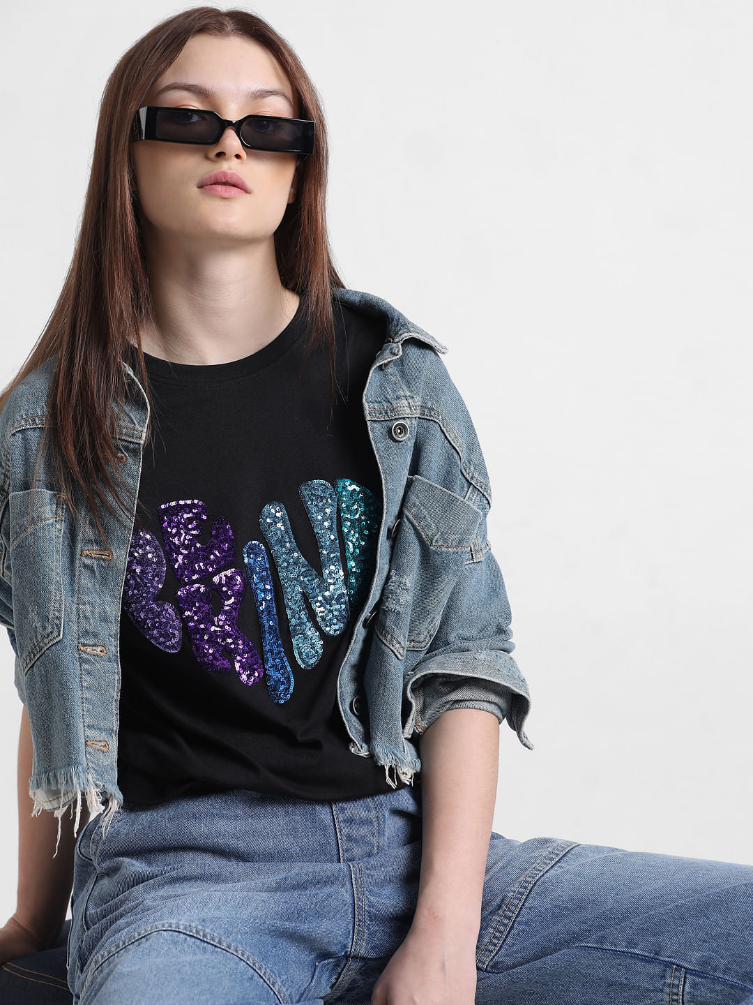 Black Sequin Text T-Shirt