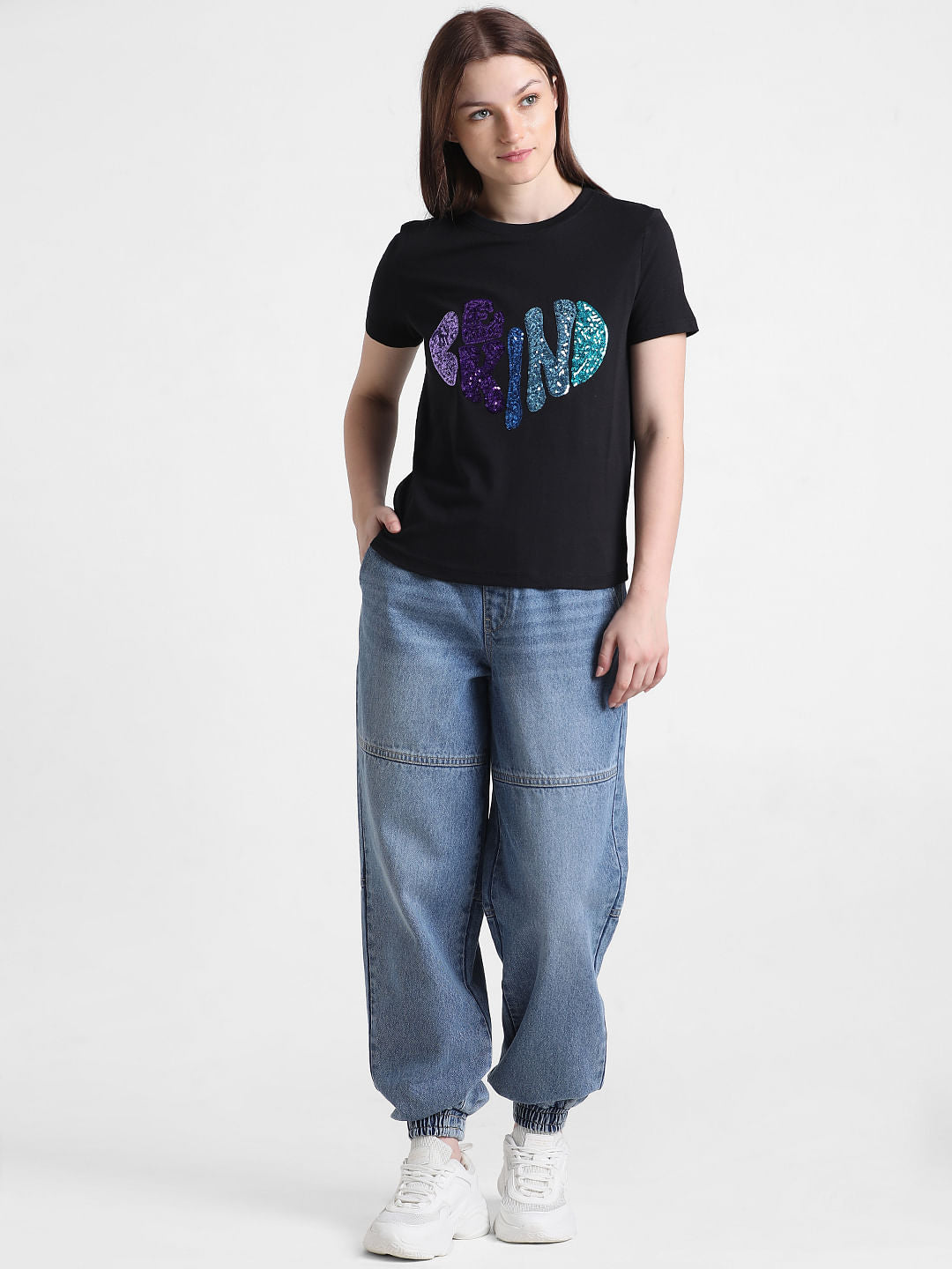 Black Sequin Text T-Shirt