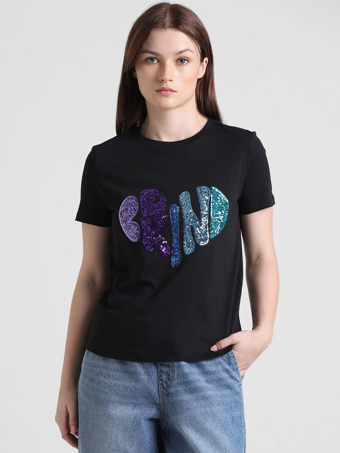 Black Sequin Text T-Shirt