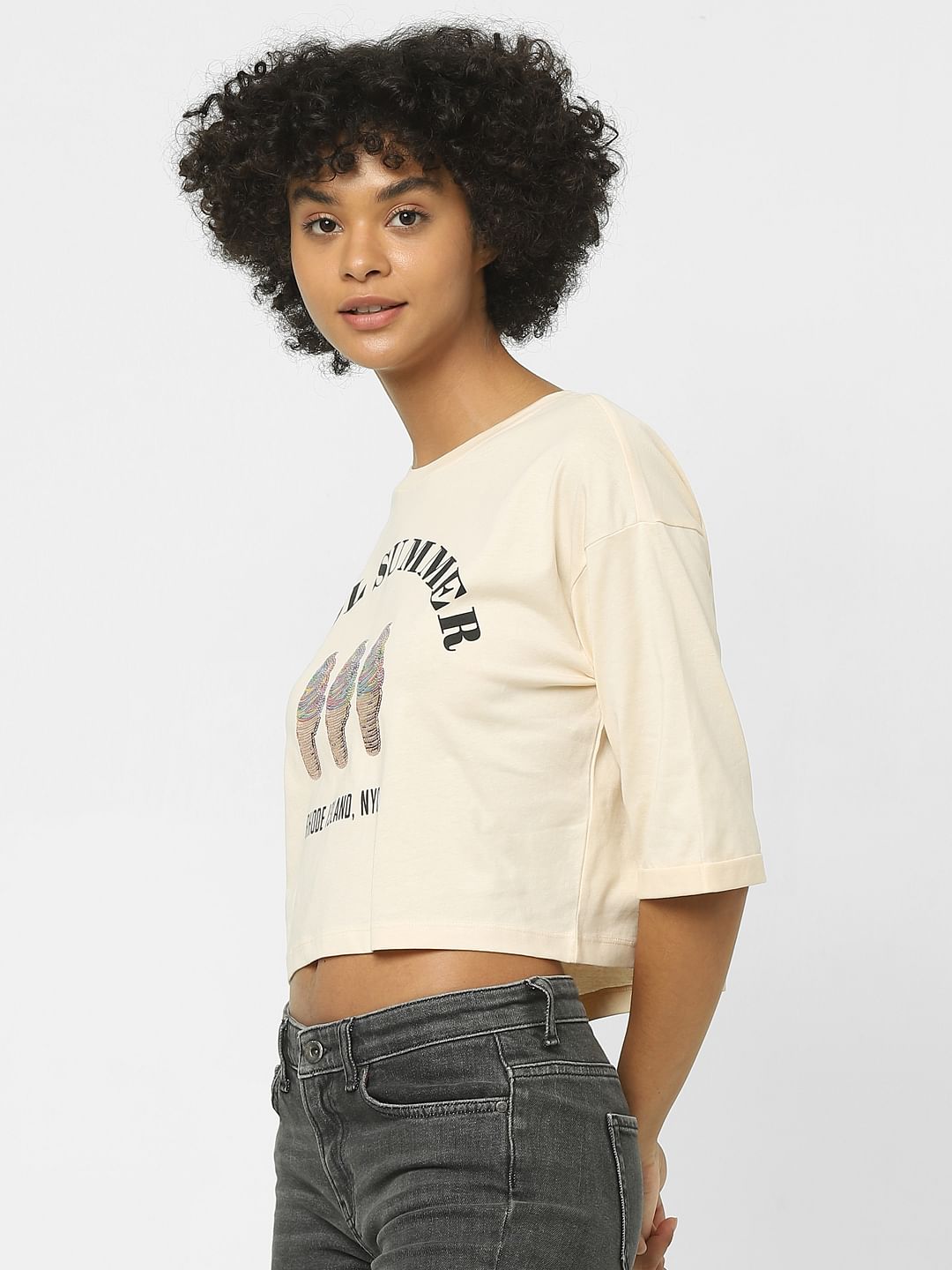 Beige Embellished Boxy T-Shirt