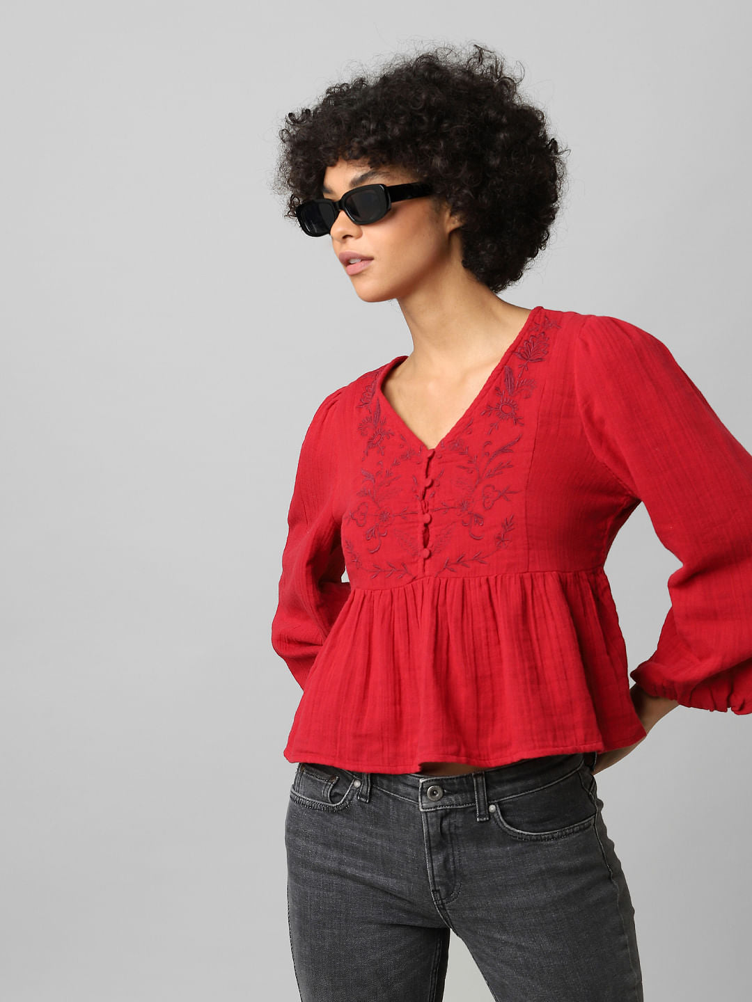 Red Embroidered Flared Top