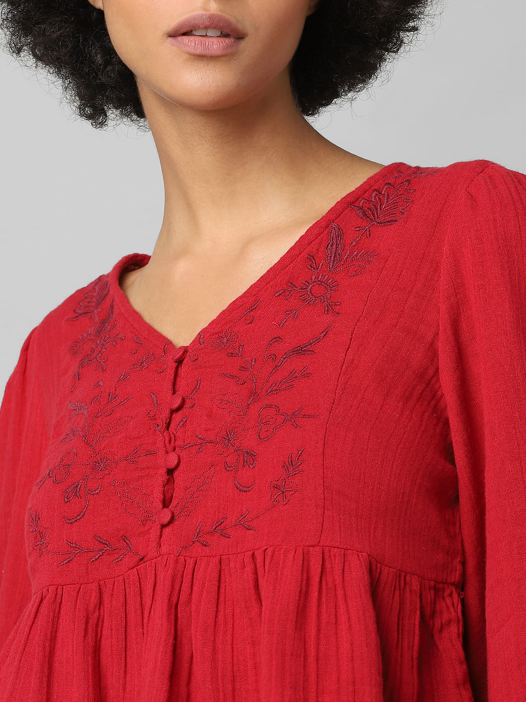 Red Embroidered Flared Top