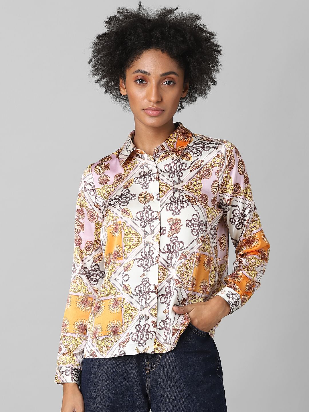 Yellow Printed Satin Shirt